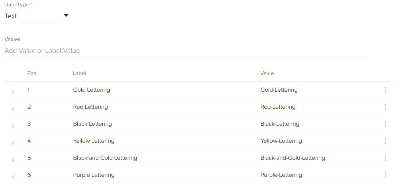 View of a product attribute table with example labels and values