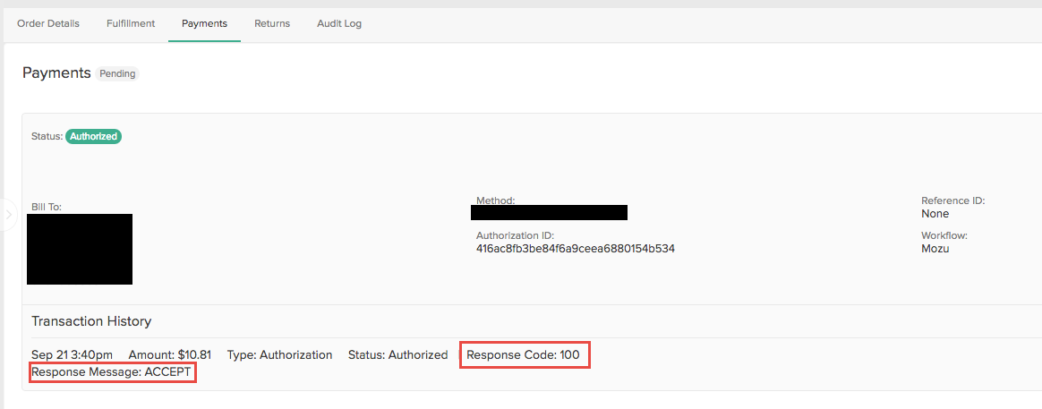 Callouts of the Response Code and Response Message in payment transaction history