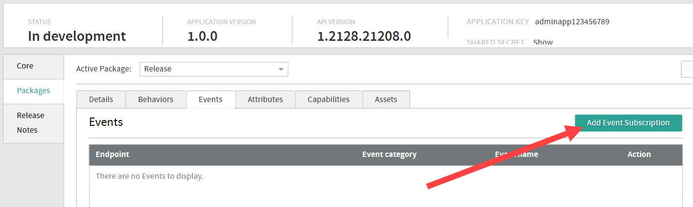 An application with a callout for Add Event Subscription