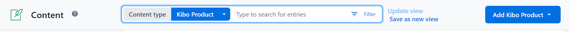 Content page header with "Add Kibo Product" button in the top right corner