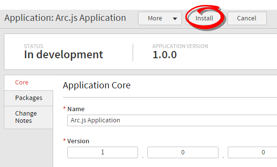 Callout of the Install button on the Dev Center application screen