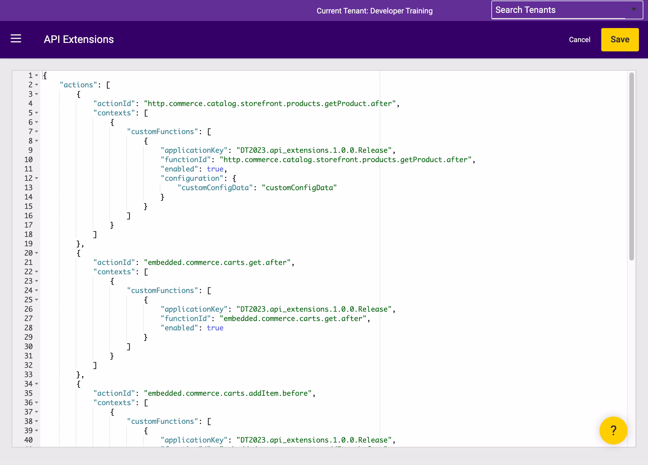 Example of API Extensions page in Action Management JSON Editor