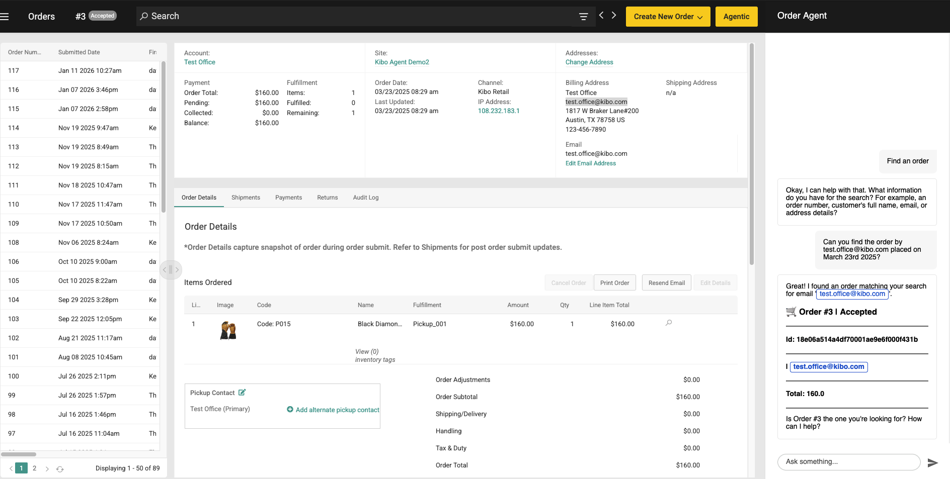 CSR Agent helping look up an order in Kibo Admin