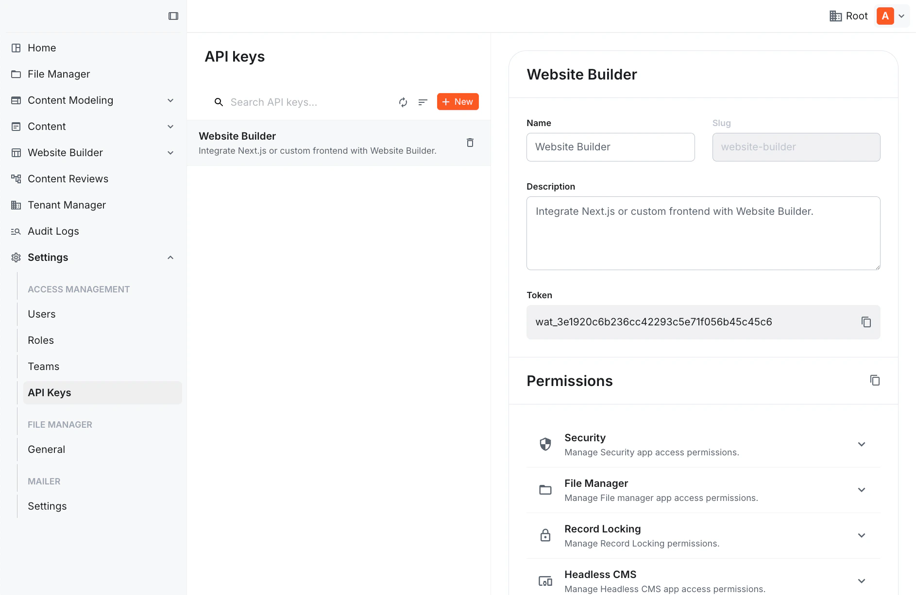 The Website Builder API key is created automatically — no manual setup needed