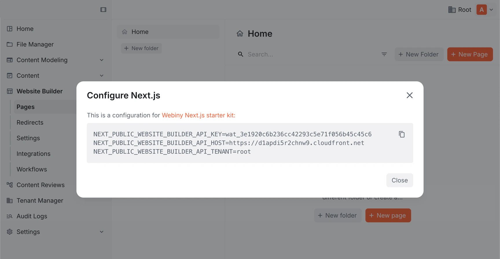 The Configure Next.js dialog gives you all three values in one click