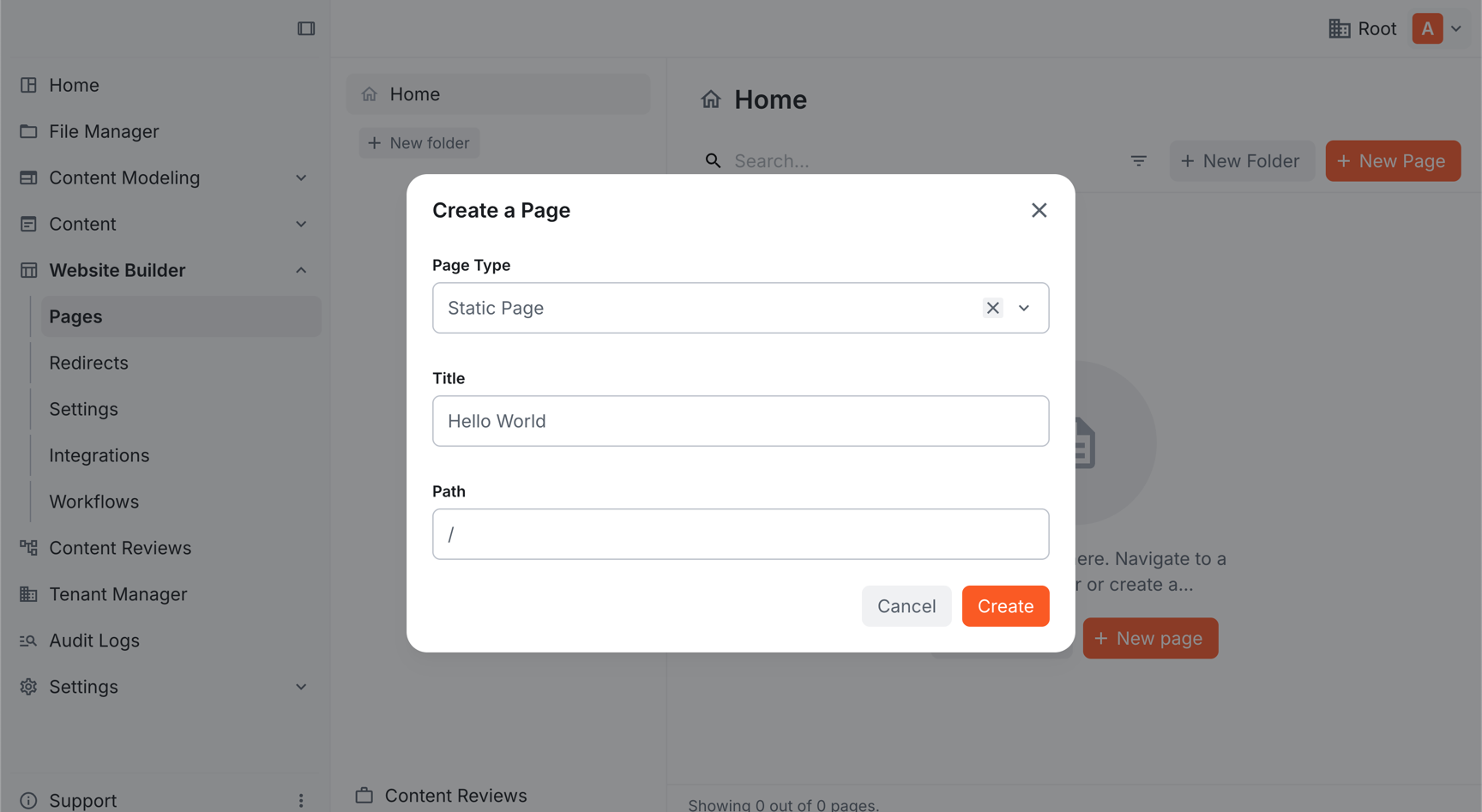 Set the title and path, then hit Create