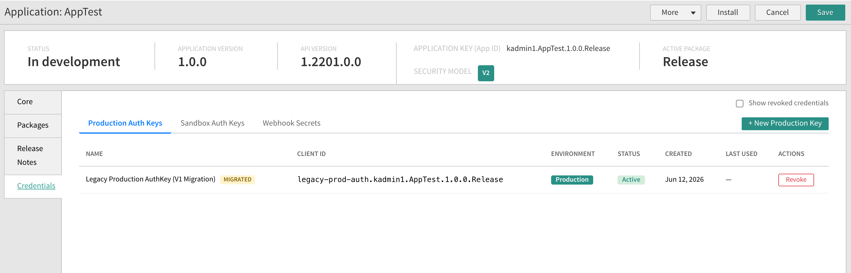 The Credentials tab showing the migrated Legacy Production auth key marked MIGRATED