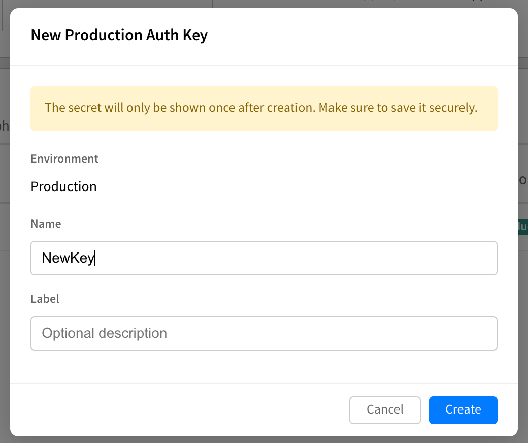 The New Production Auth Key dialog with Name and Label fields