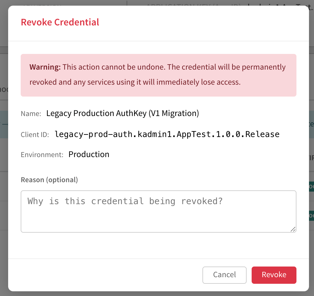 The Revoke Credential dialog warning that the action cannot be undone