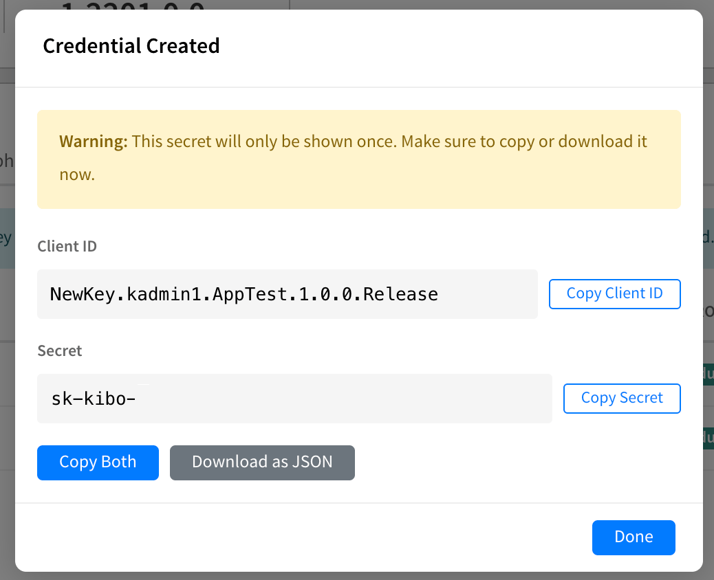 The Credential Created dialog showing the Client ID and the secret displayed one time