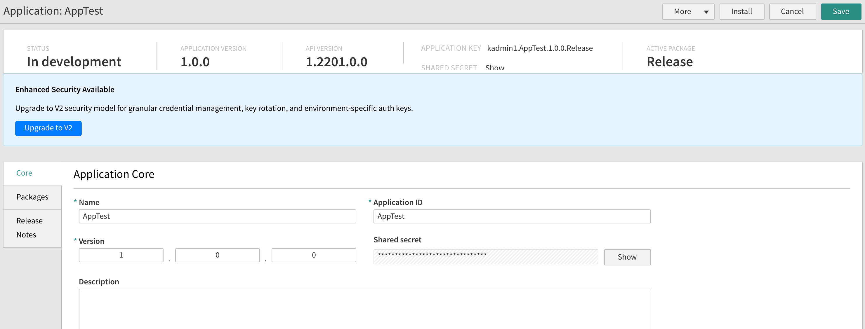 The Core tab showing the Enhanced Security Available banner and the Upgrade to V2 button