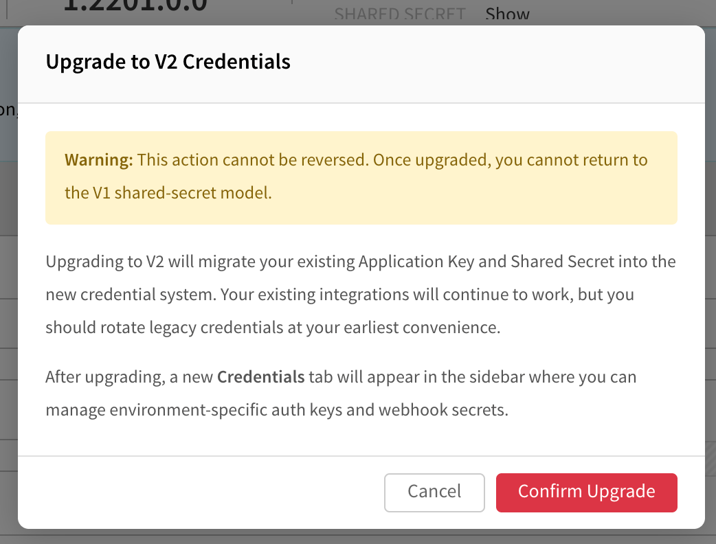 The Upgrade to V2 Credentials confirmation dialog warning that the action cannot be reversed