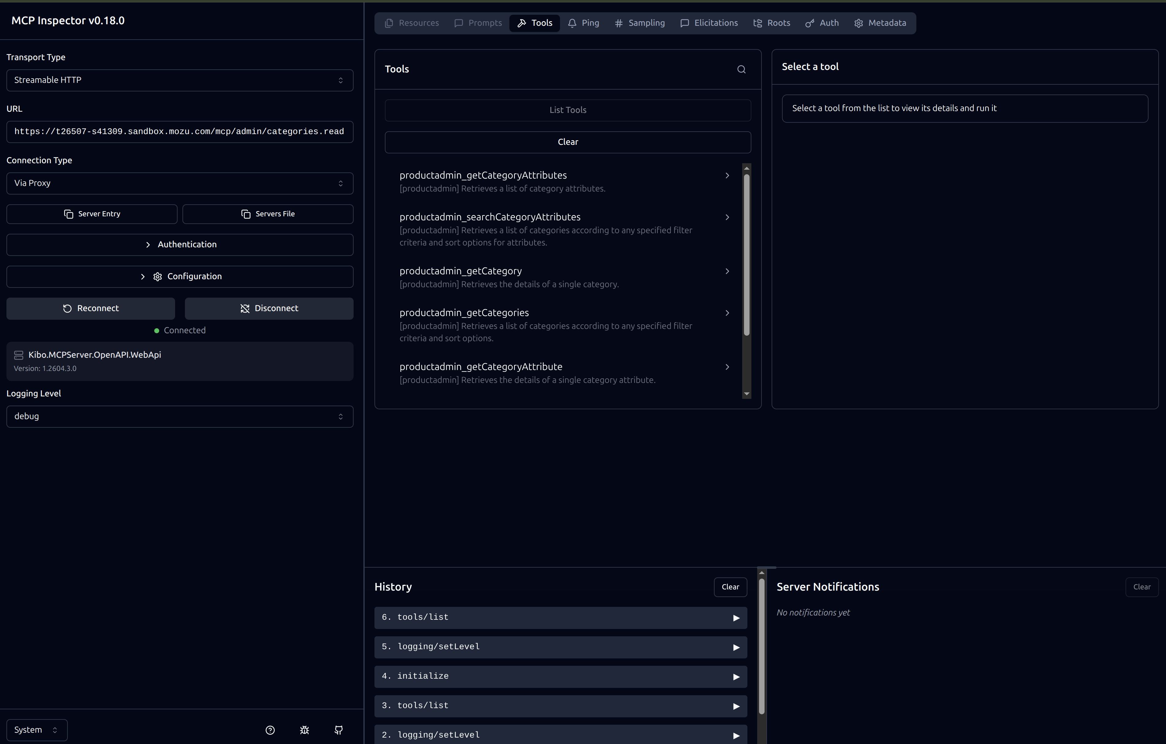 MCP Inspector tool list