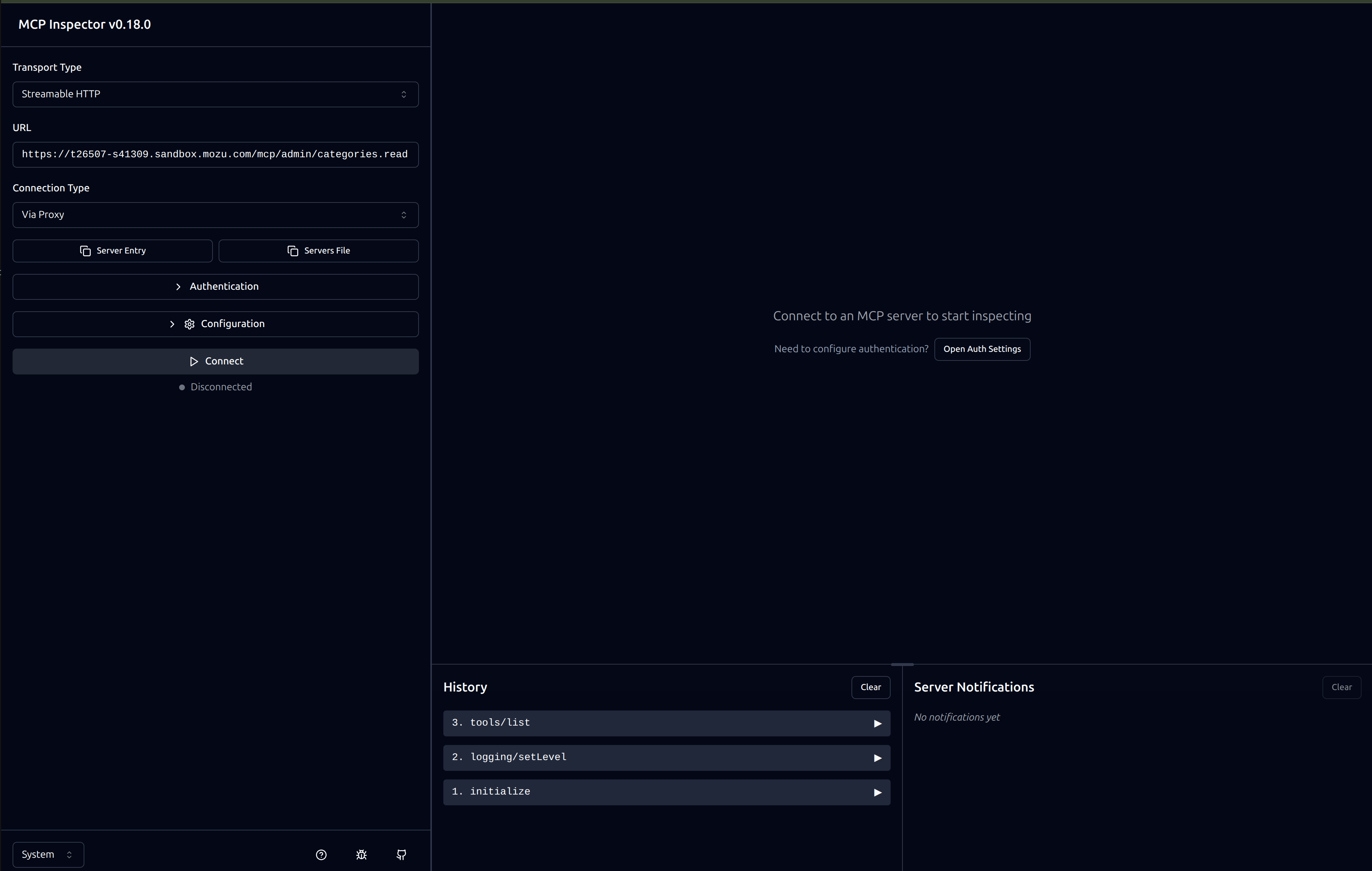 MCP Inspector URL configuration