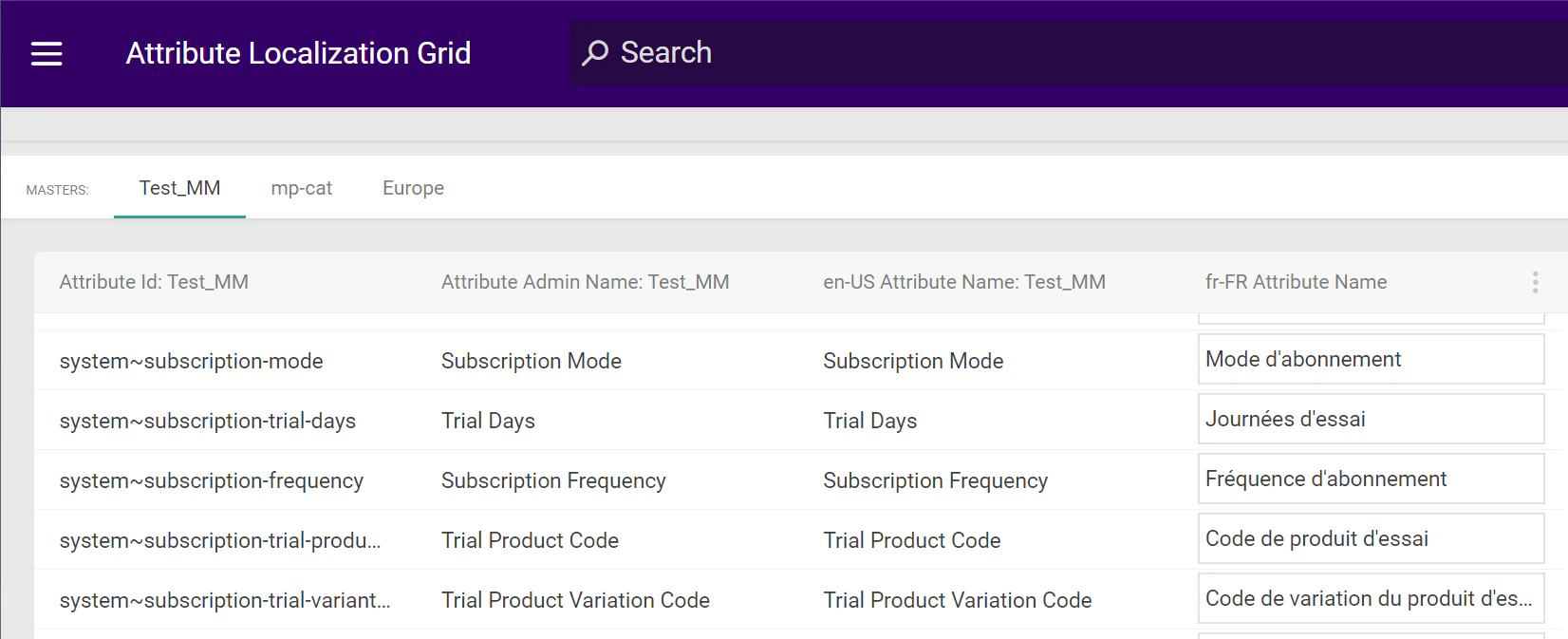The Attribute Localization Grid showing subscription attributes