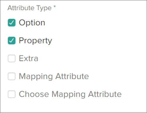 Close-up of the Attribute Type field with Option and Property selected