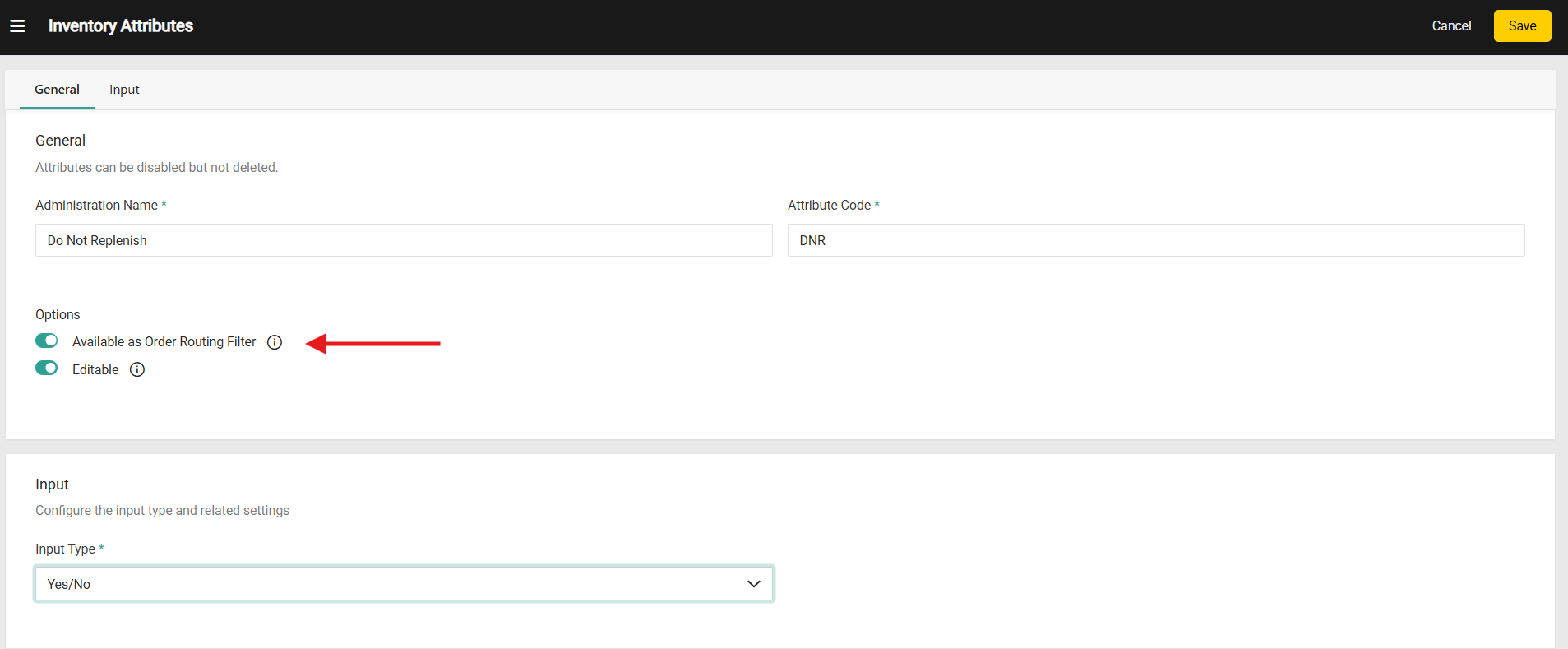 The Inventory attribute settings with a callout for the Available as Order Routing Filter toggle