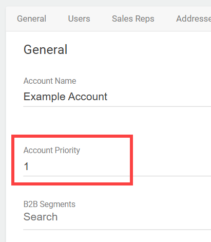 The Account Priority setting of a B2B account