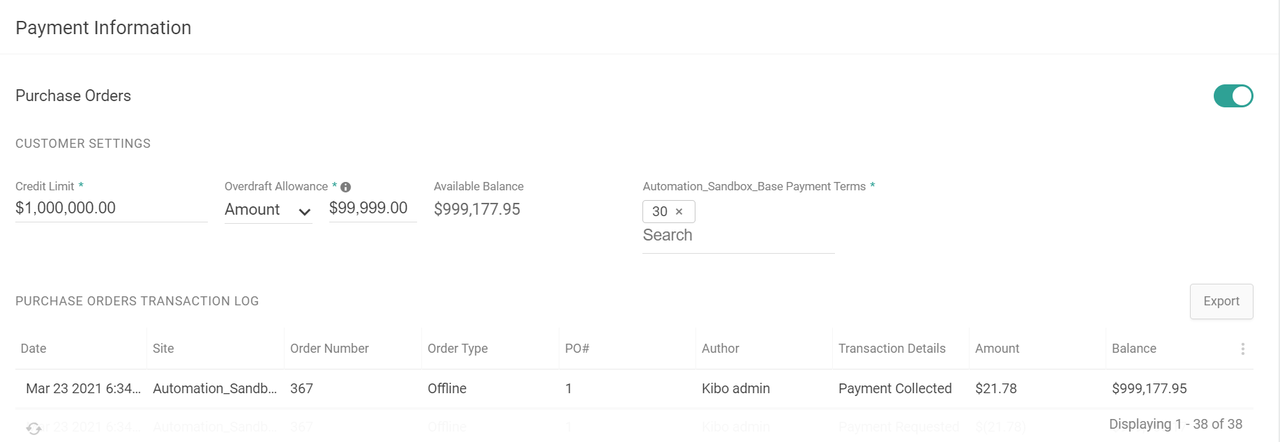 Example of the Payment Information section of B2C account details