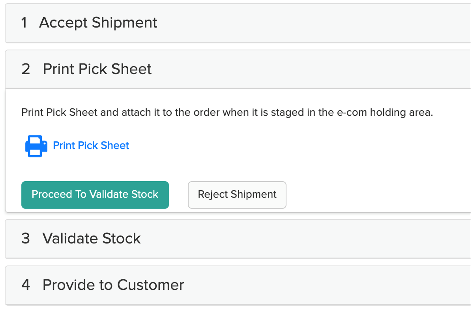 Close-up of the Print Pick Sheet step and Proceed button