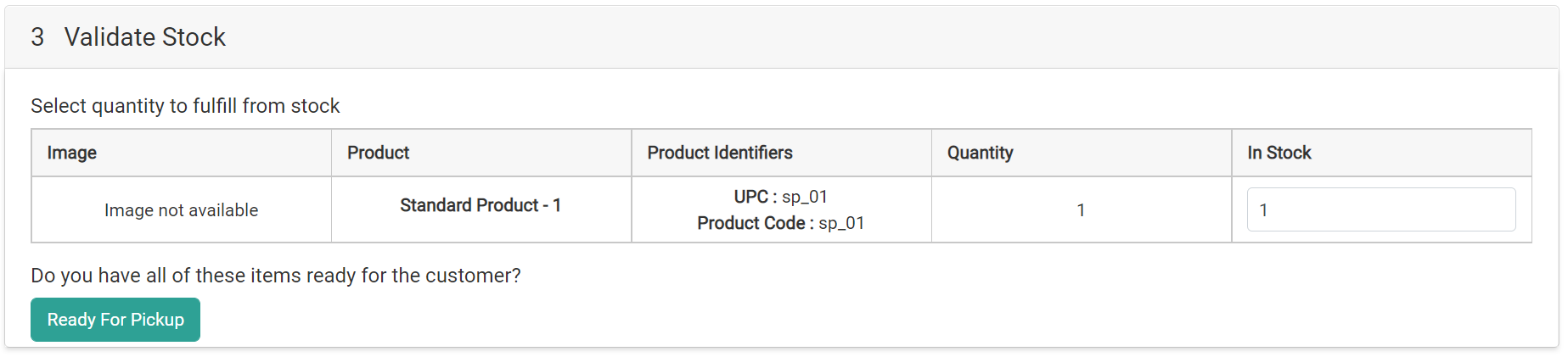 Example of the Validate Stock step