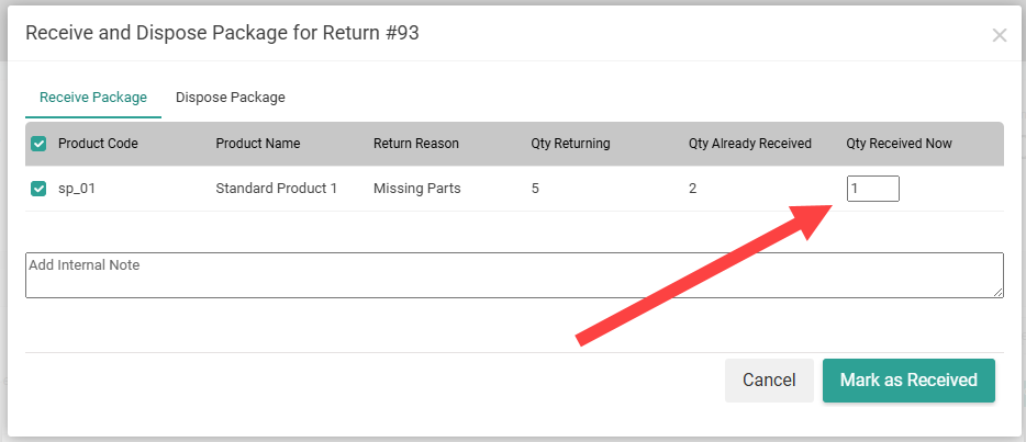 An example return with 2 quantity being received