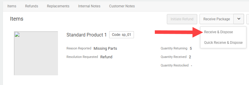 Return details with a callout for the Receive Package button