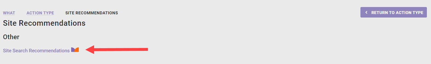 Screenshot of the Monetate Site Recommendations setup with an arrow pointing to the Site Search Recommendations option