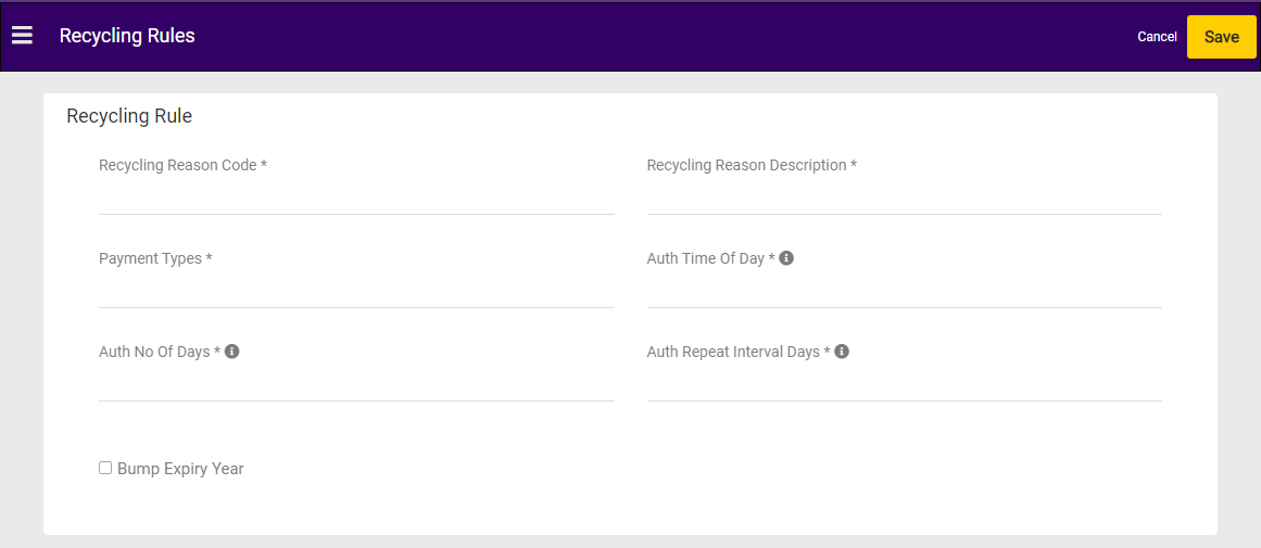 The recycling rules settings page with example configurations
