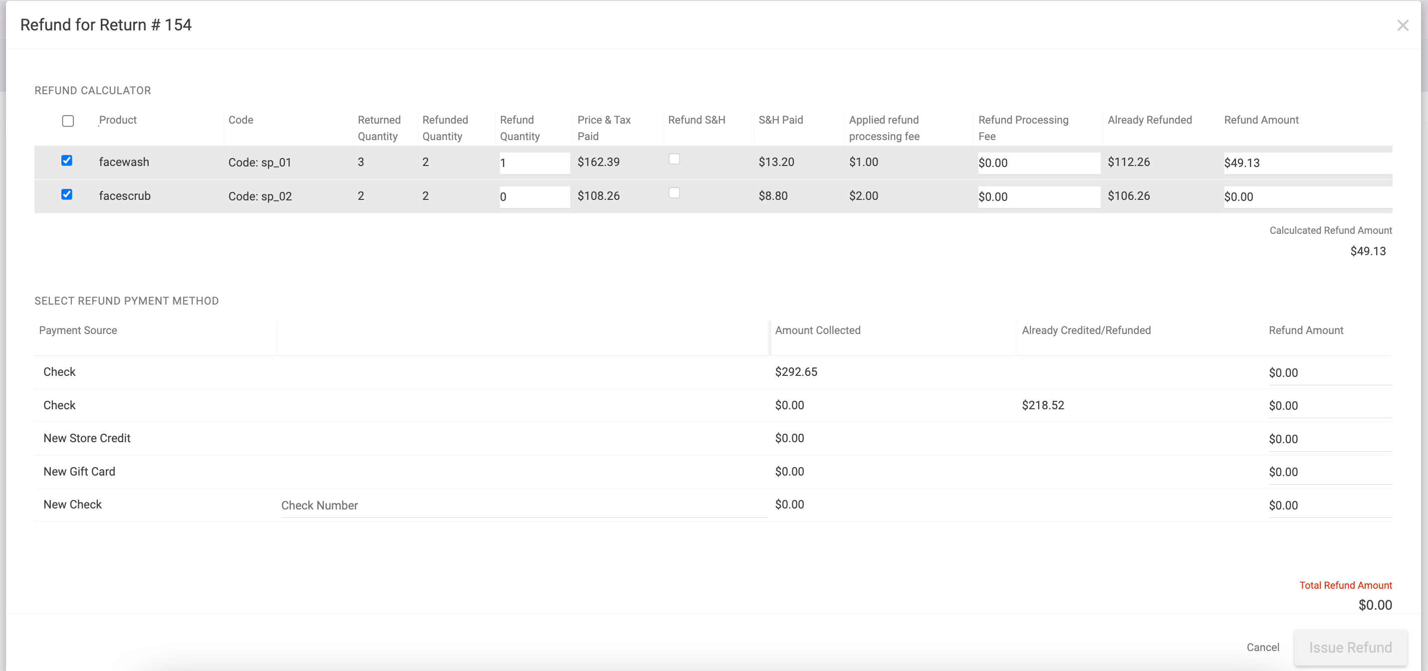 The Refund for Return module with an example item selected