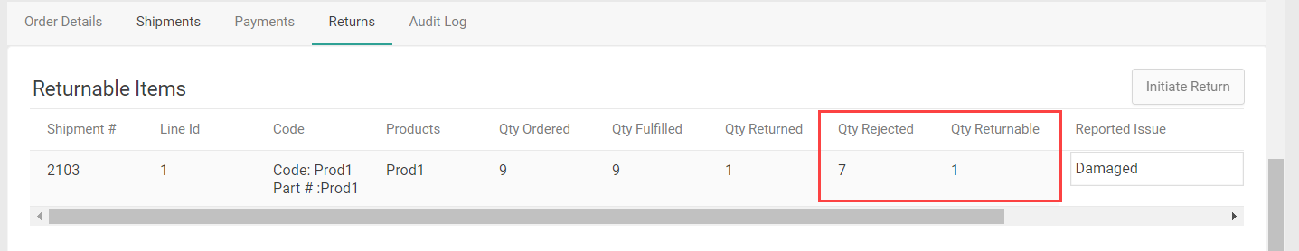 The returnable items table of order details, with a callout for the rejected and returnable quantities