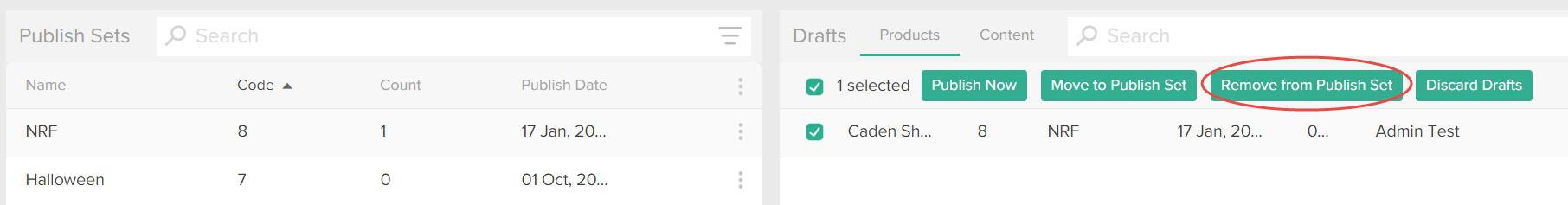 Callout of the Remove from Publish Set button in the Products tab