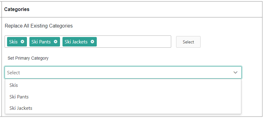 The Assign Categories module with several example categories and the Set Primary Category field
