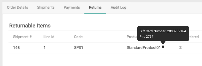 Close-up of the Returnable Items table in the Returns tab of the order details, showing a tooltip that says the item was paid for with a gift card