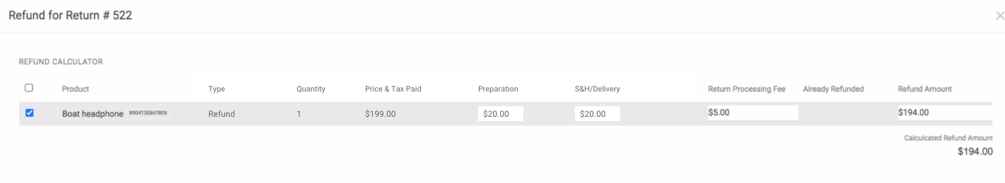 The Refund for Return module with a product selected