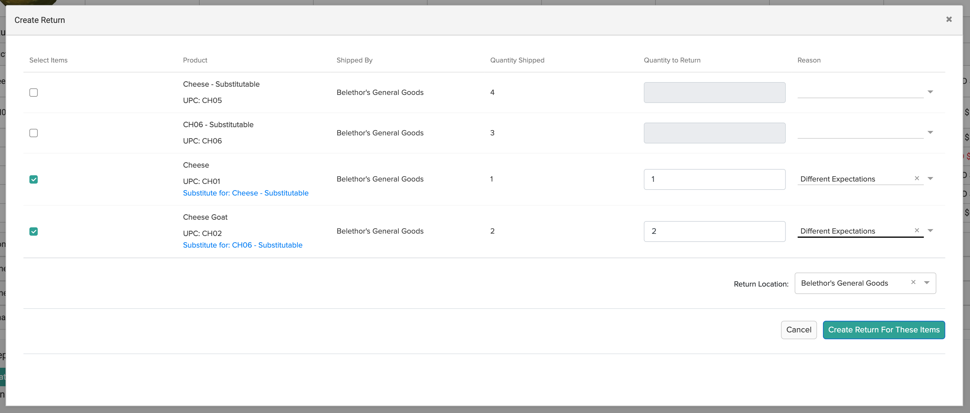 The Create Return modal with substitute items listed as returnable products