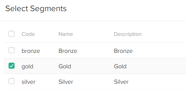 Close-up of the Select Segments table with a segment selected