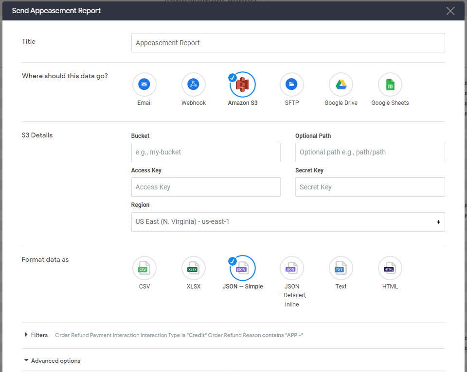 The general settings of the Send Report modal