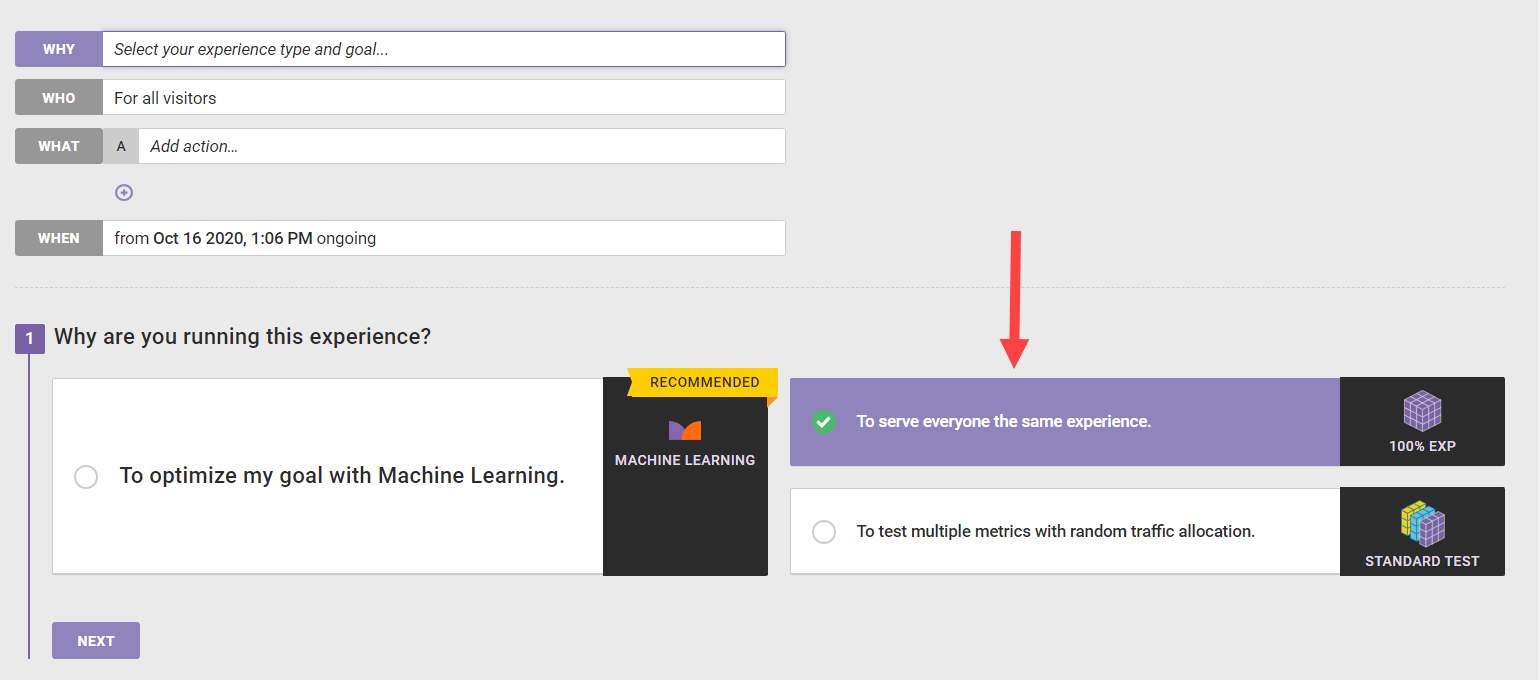 Screenshot of the Monetate web experience settings with an arrow pointing to the 100% Experience option
