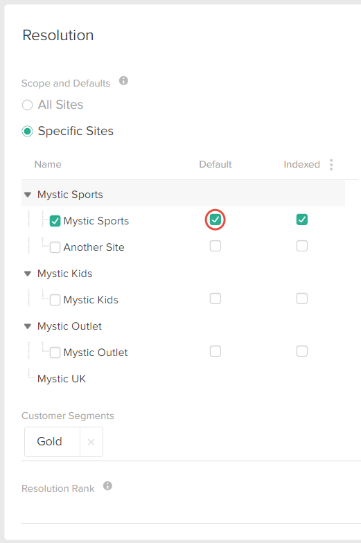 The Resolution configurations with a callout for the Default checkbox