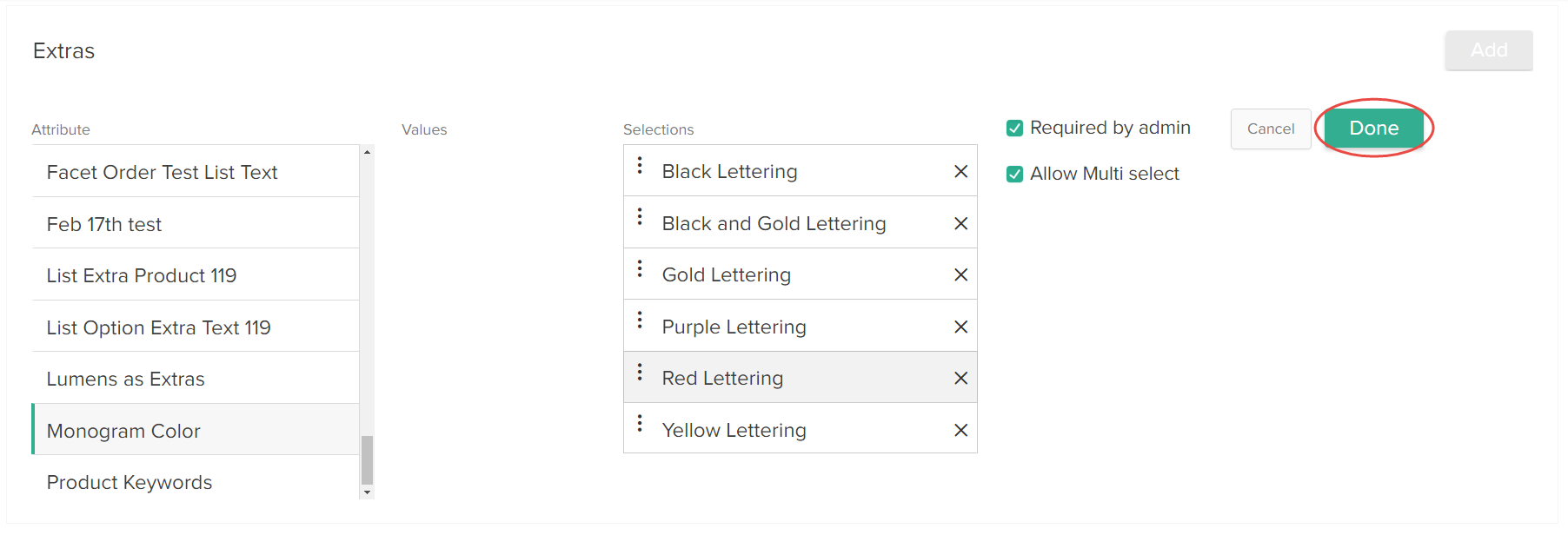The Extras configuration module with example values and a callout for the Done button