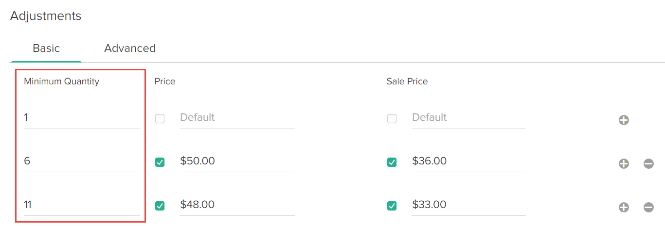The Adjustments configurations with a callout for the Minimum Quantity column