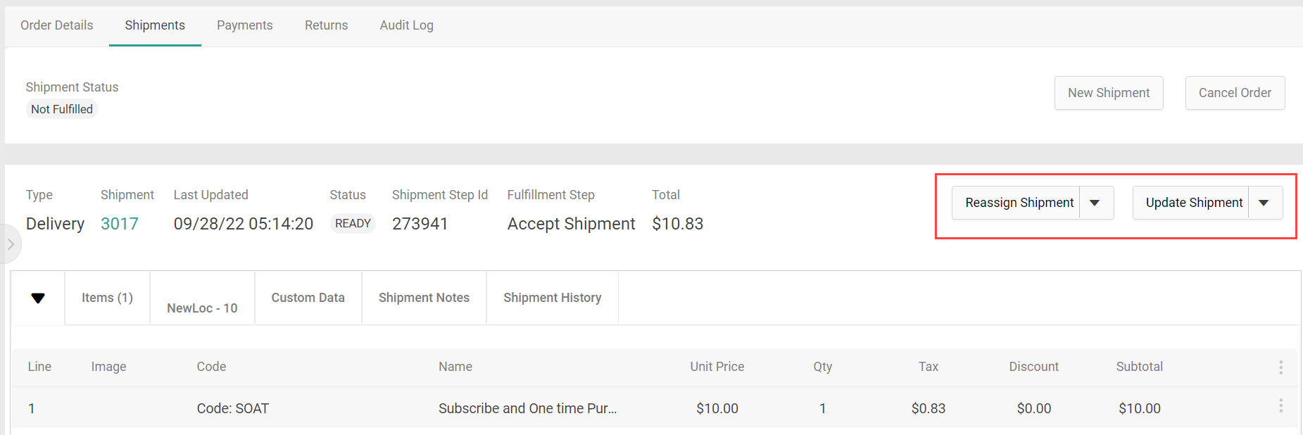 The Shipments tab in order details with a callout for the Reassign and Update menus