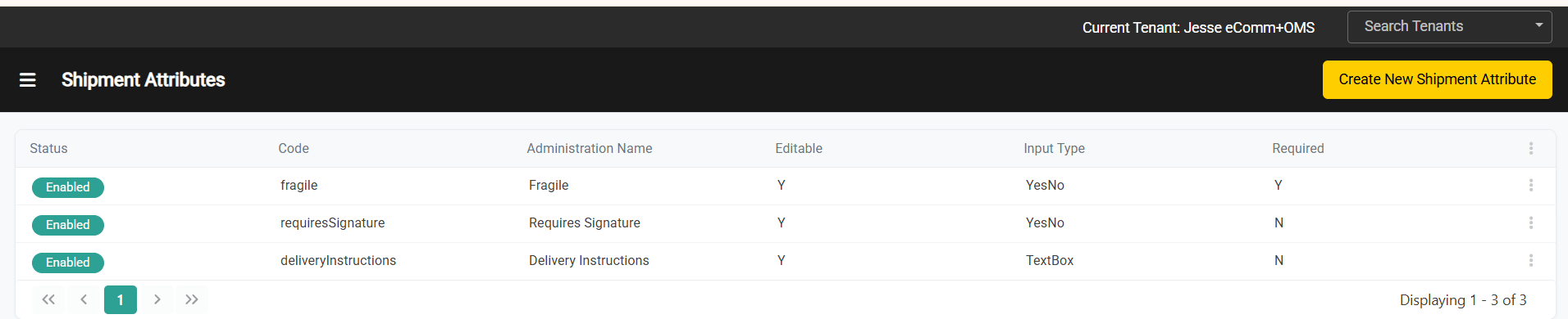 The Shipment Attributes homepage with some example attributes