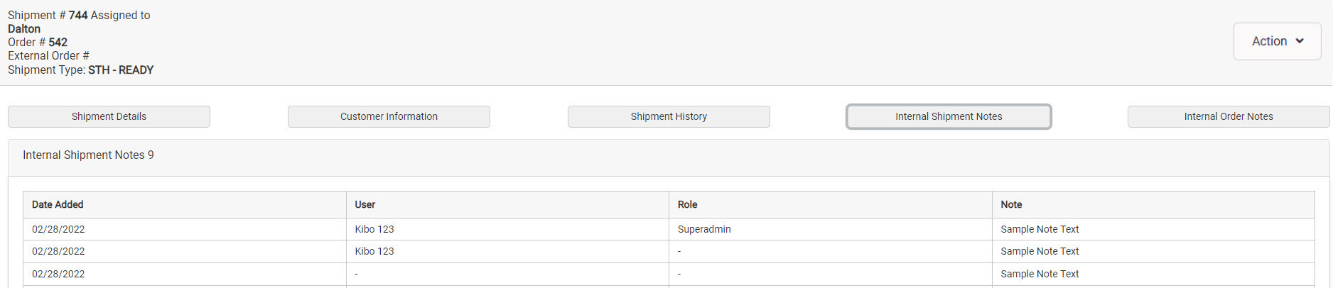 Example of a shipment details page