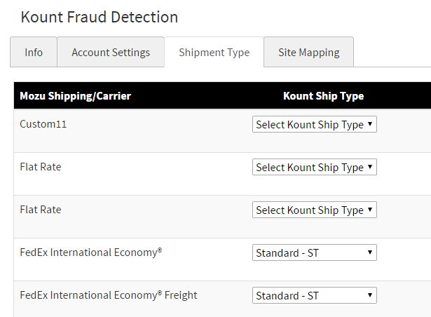 The Shipment Types tab in the Kount configuration module