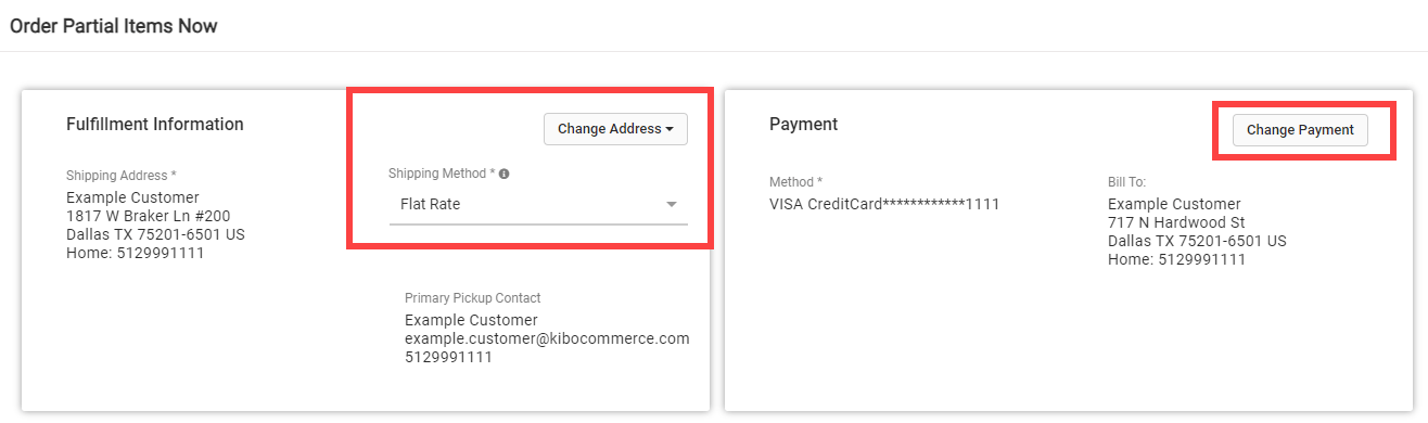 The Shipping and Payment windows of the Order Partial Items Now modal