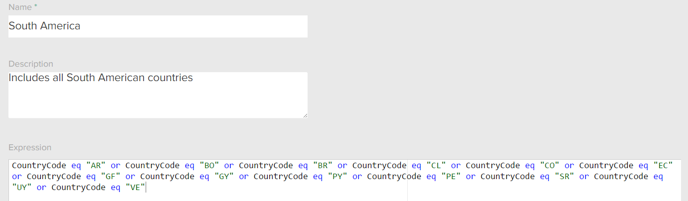 Close-up of expression logic specifying country codes for an example South America zone