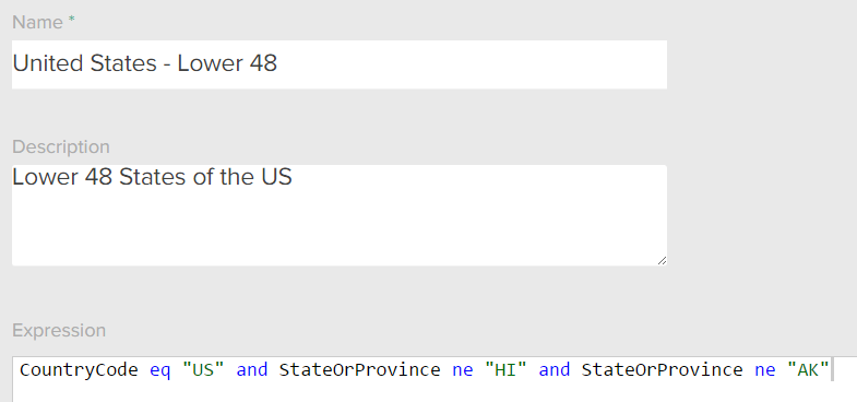 Close-up of shipping zone configurations for an example United States zone