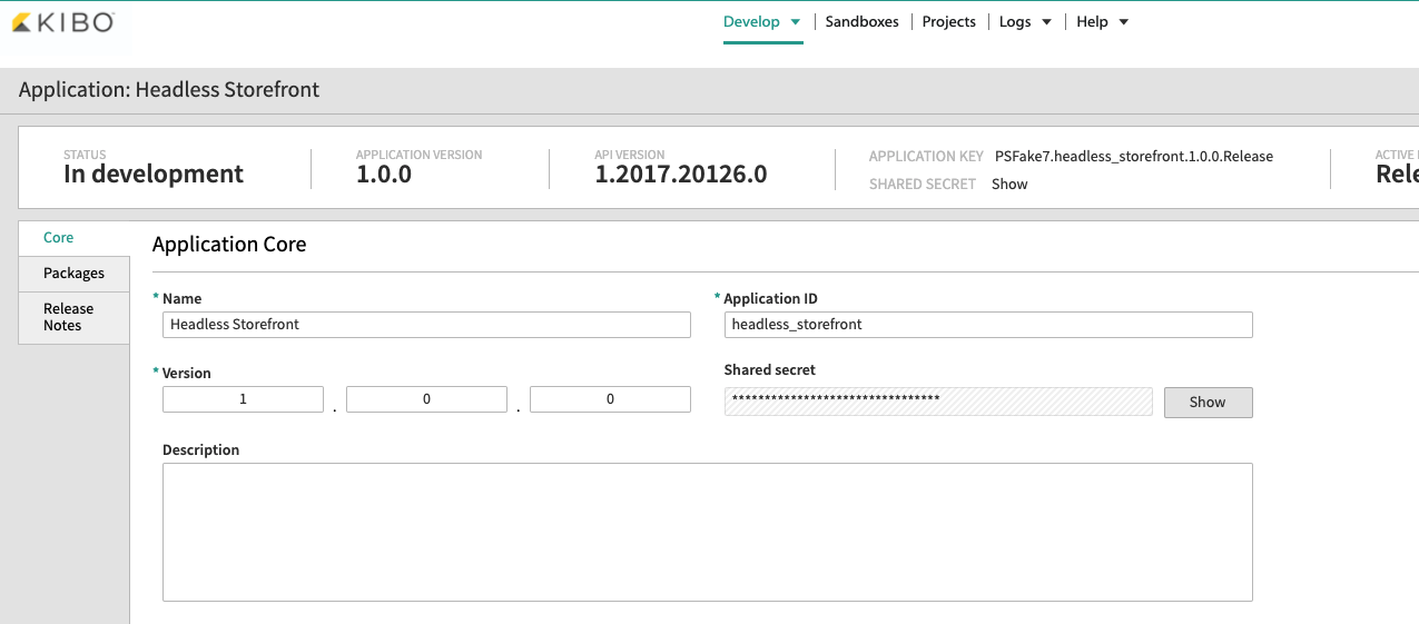 Application Details including "Application Key" and "Shared Secret" information.
